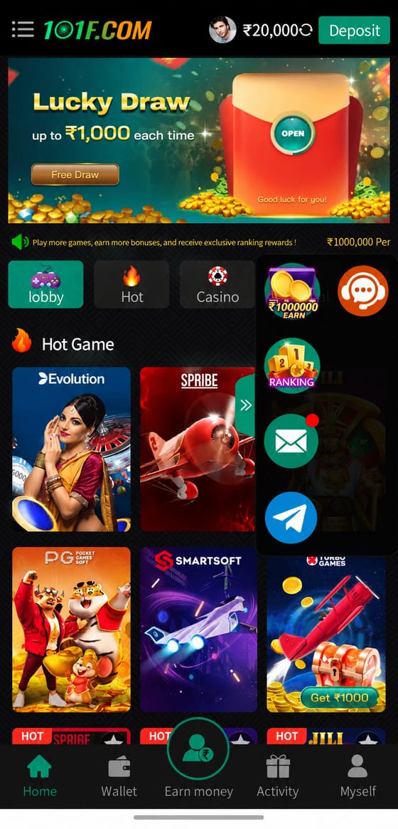 The 101F Game app home screen showing the hot games lobby, lucky draw banner and category tabs