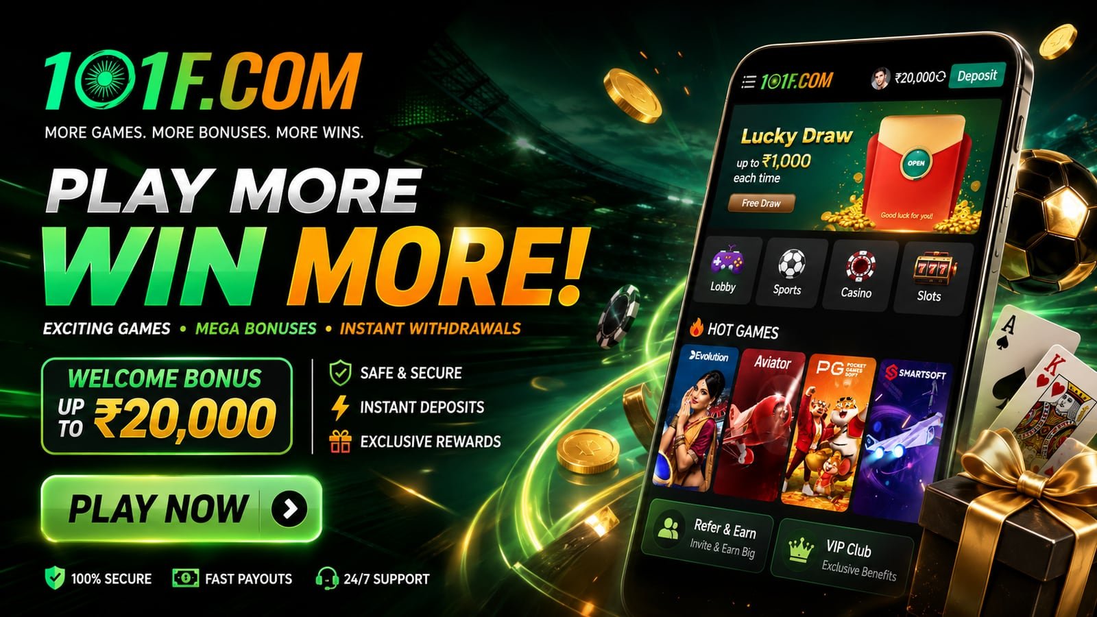 101F Game official promotional banner showing the app on a phone with the welcome bonus, instant deposits and 24/7 support