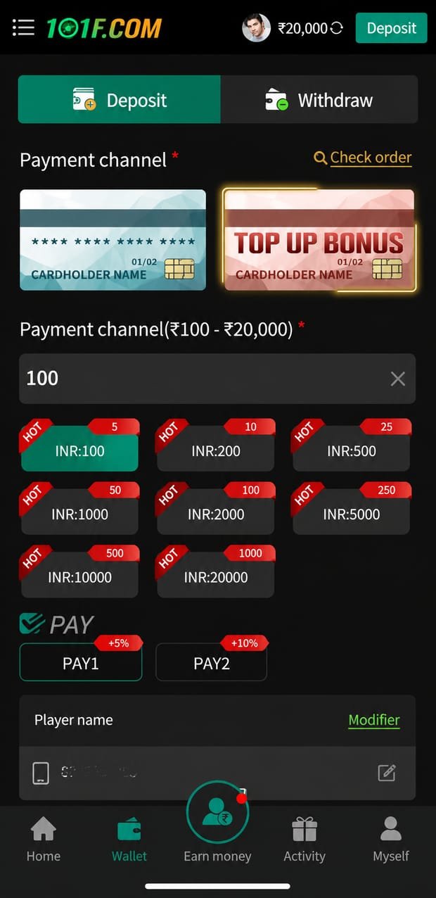 101F app screenshot &mdash; Deposit Screen: UPI and card channels with preset amounts