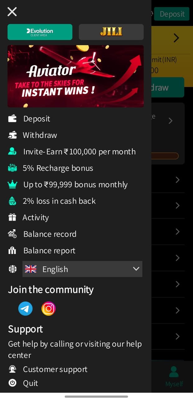101F app screenshot &mdash; Side Menu: Language, community links and help centre