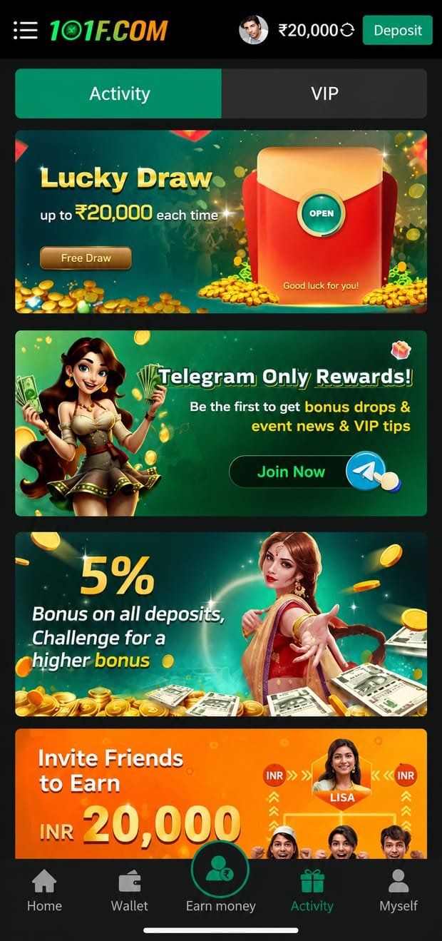 101F app screenshot &mdash; Promotions Hub: Lucky draw, deposit bonus and referral events