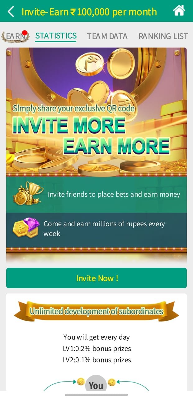 101F app screenshot &mdash; Invite & Earn: Referral QR, statistics and team data