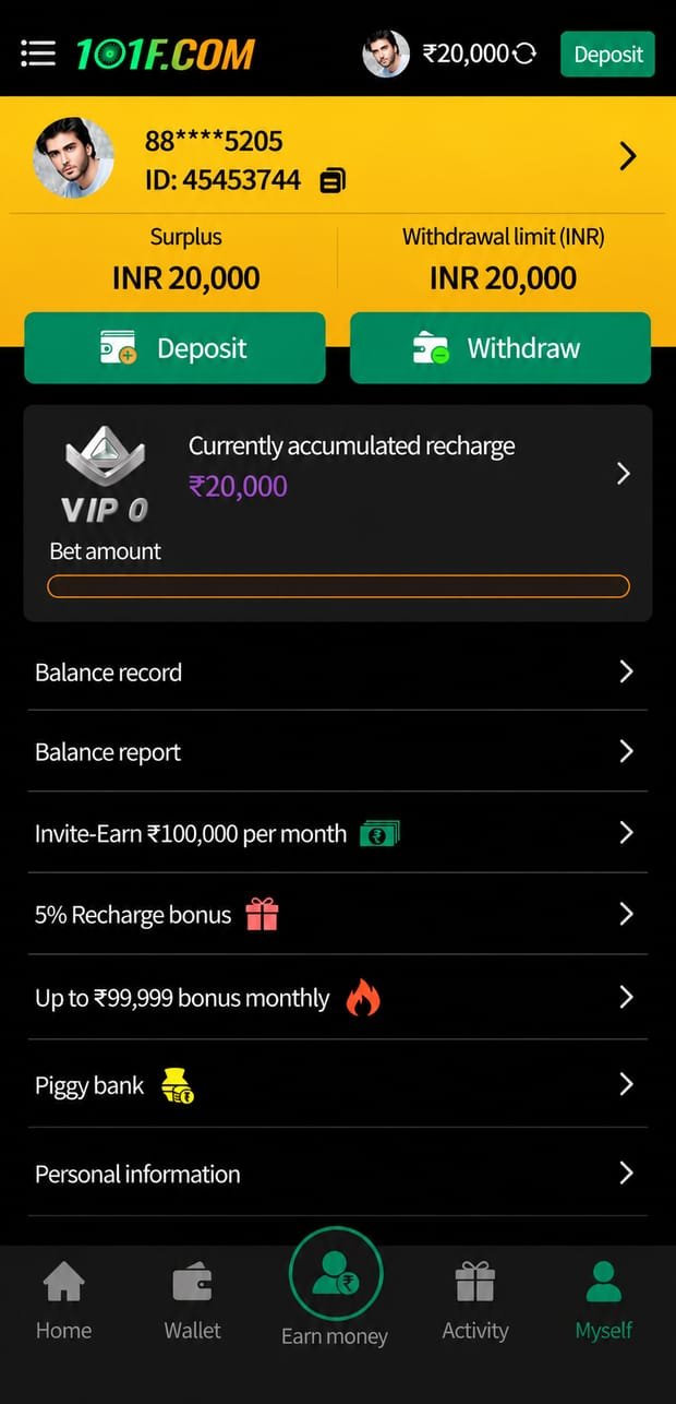 101F app screenshot &mdash; Wallet & VIP: Balance, VIP tier and transaction records