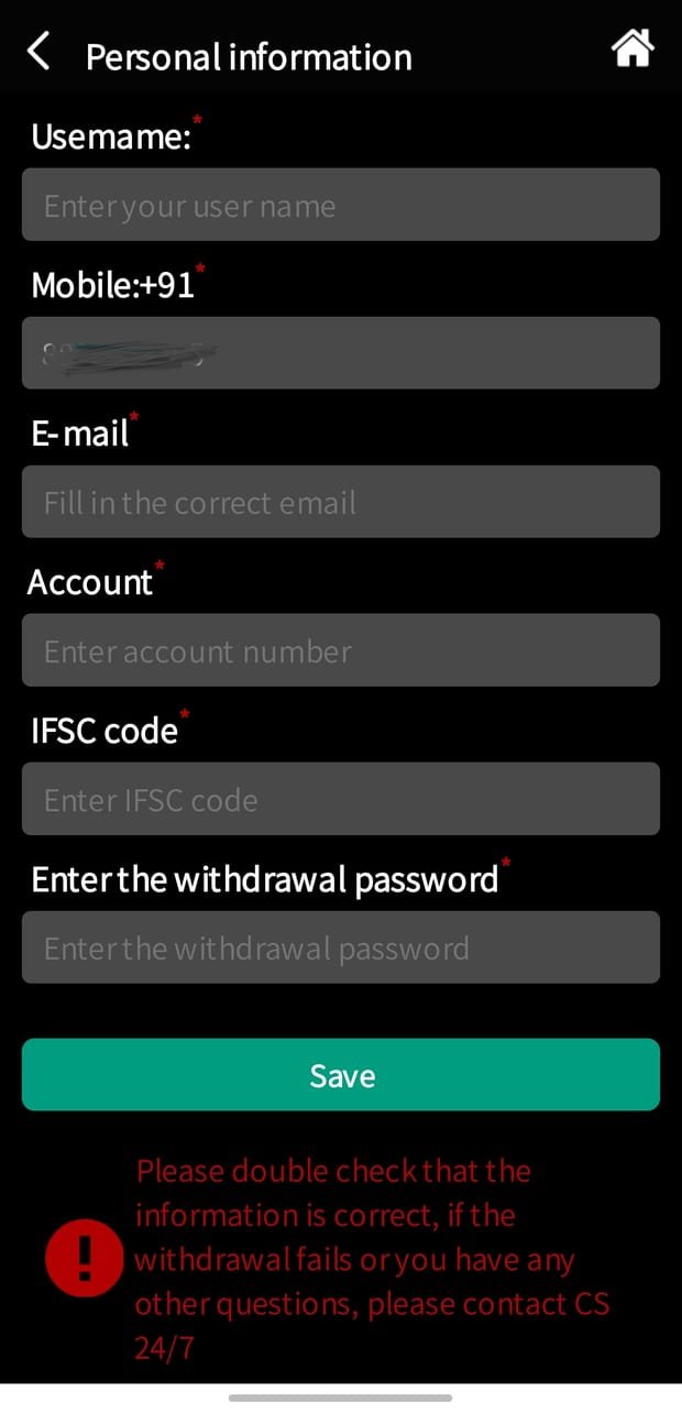 101F app screenshot &mdash; Withdrawal Setup: Bank account and IFSC details for payouts
